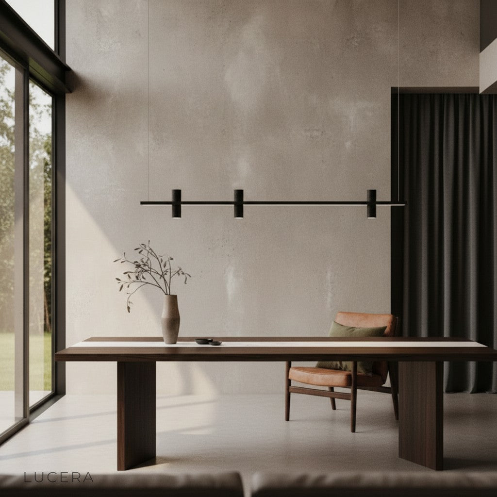 Minimalist chandelier with black copper frame and stone accents above kitchen island
