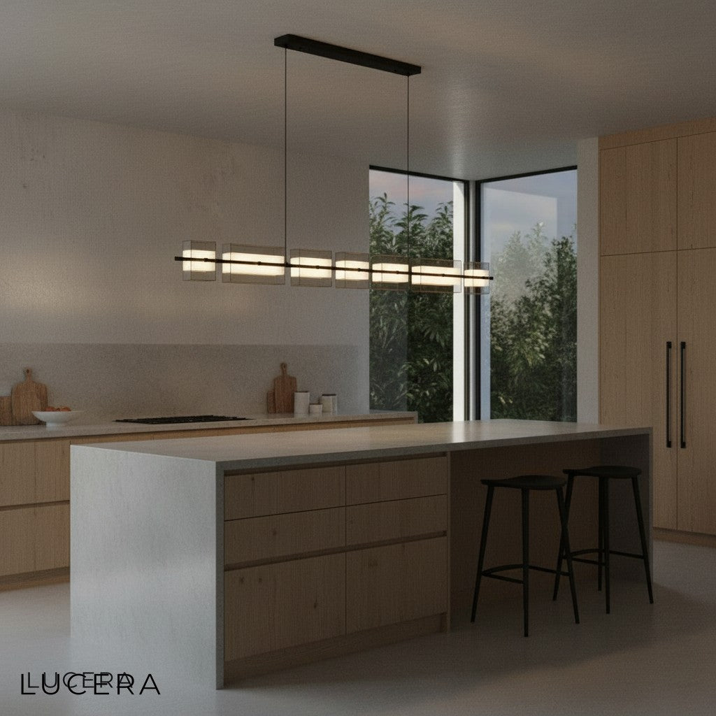Copper glass chandelier suspended over kitchen island with warm pendant light