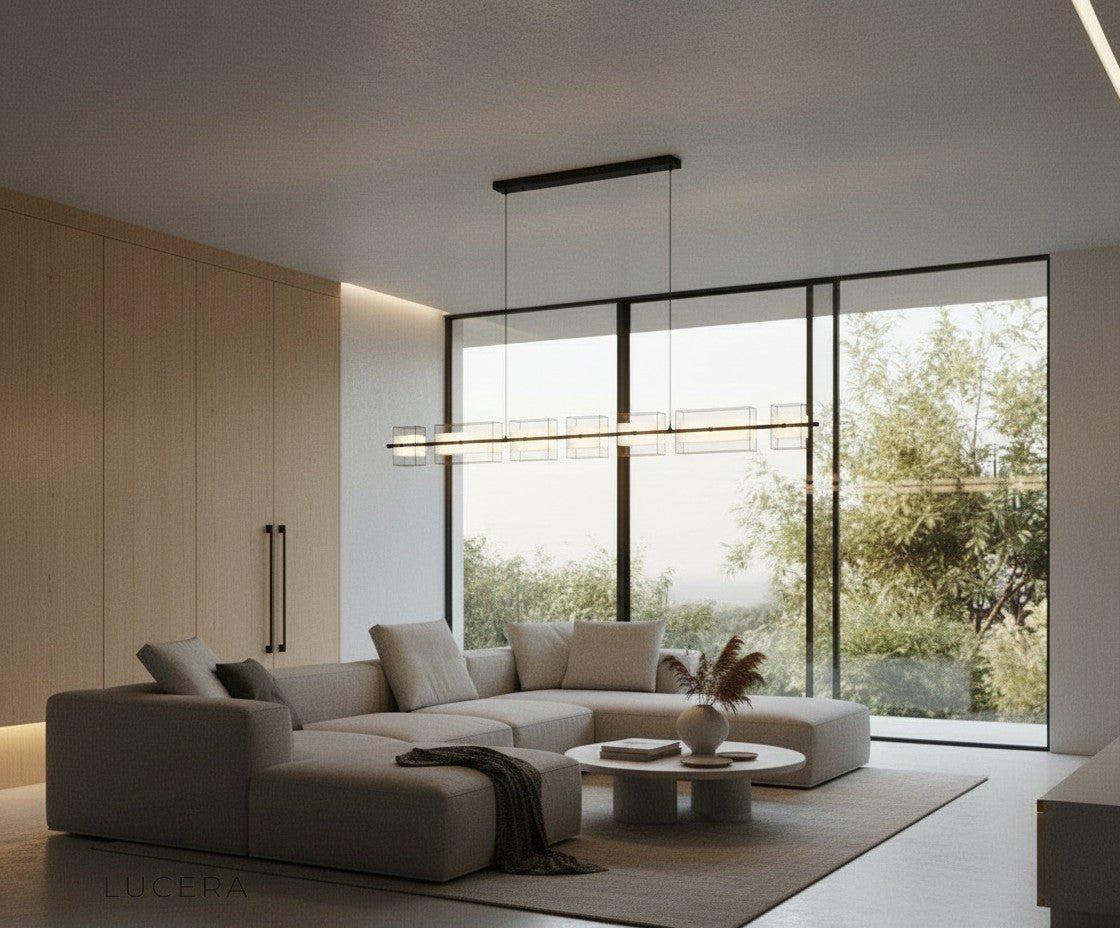 Icterine chandelier glowing at dusk in elegant hallway with reflective surfaces