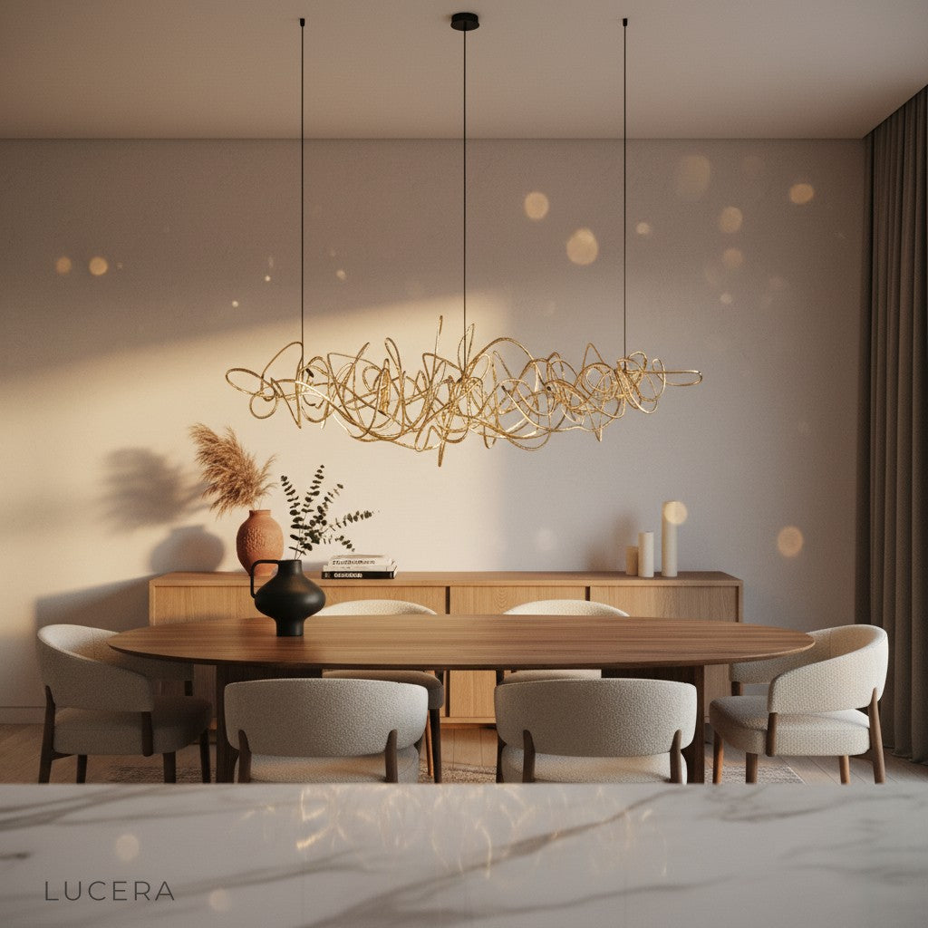 Isabelline rectangle chandelier glowing at night in modern living room with floor-to-ceiling windows