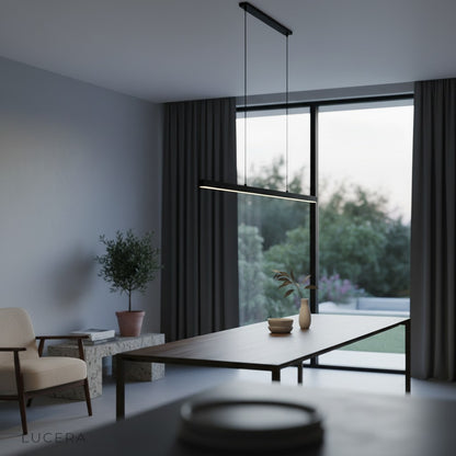 minimalist black chandelier with acrylic details in bright contemporary kitchen setting