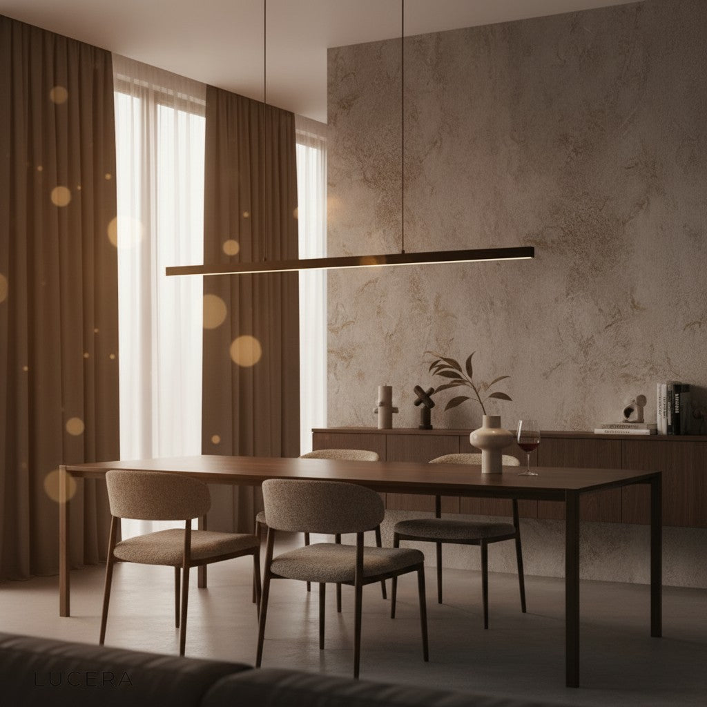 Palatinate chandelier hanging in minimalist living room with soft warm ambient light