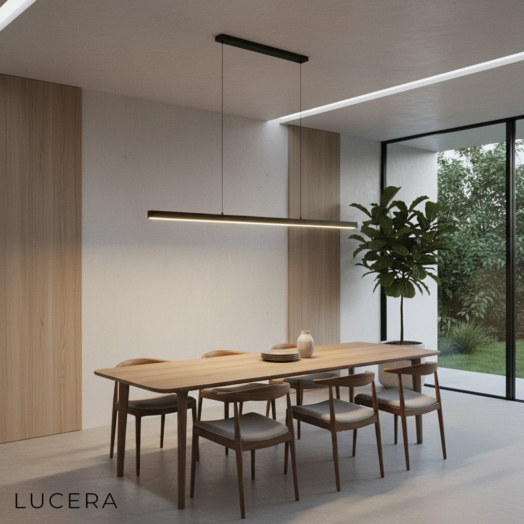 Palatinate chandelier in dimmed warm mode above stylish dining table with copper decor