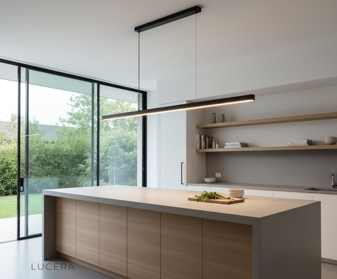 Palatinate chandelier glowing with warm light in dark modern hallway with concrete walls