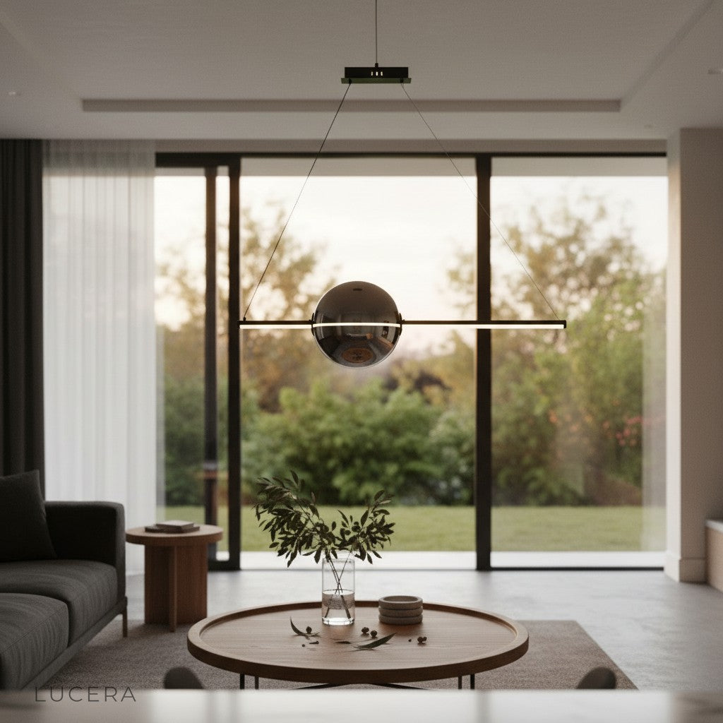 ambient night shot of Bjorn LED chandelier casting warm light in a cozy bedroom corner