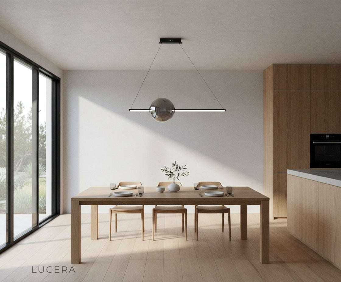 side profile of Bjorn chandelier with glass globes reflecting soft light on a gray wall