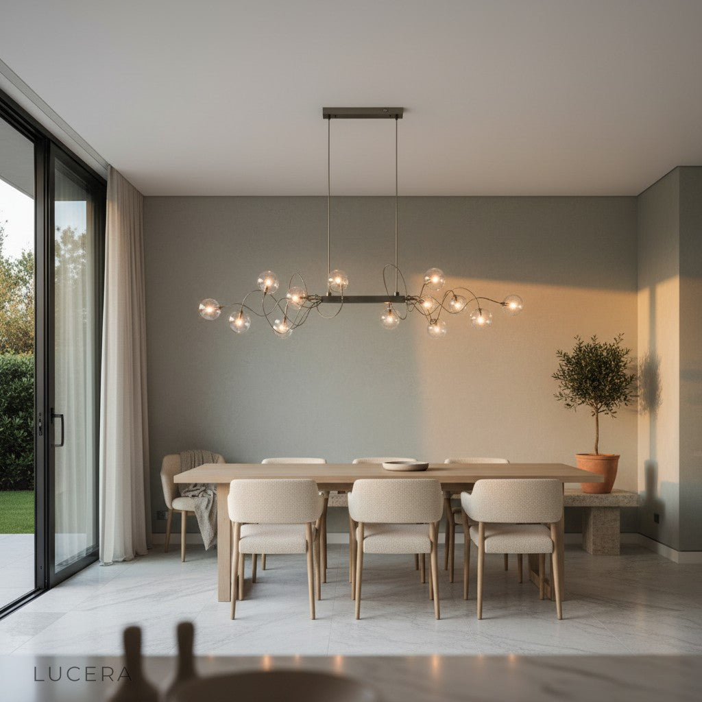 Astrid chandelier glowing at dusk in elegant living room with soft ambient light