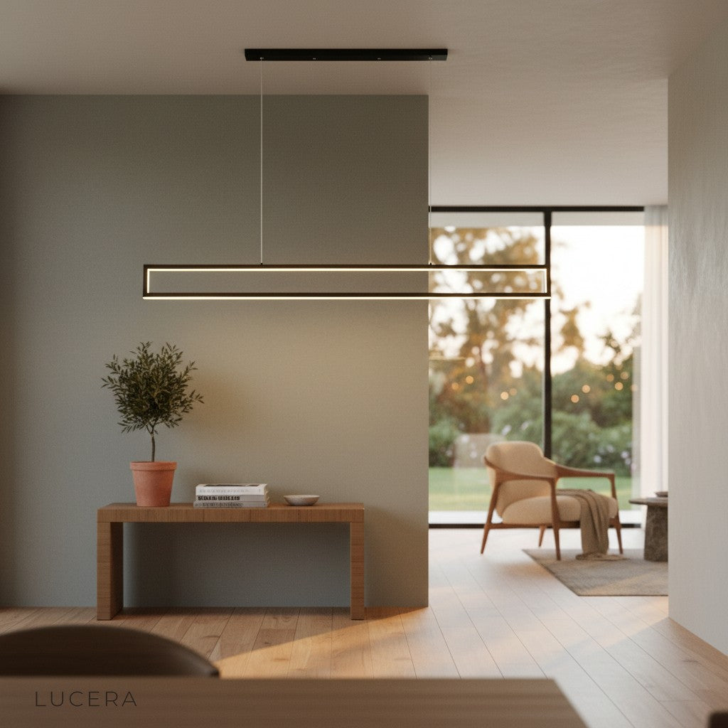 overhead angle of Ingrid chandelier showing its slim profile and even light distribution over a table