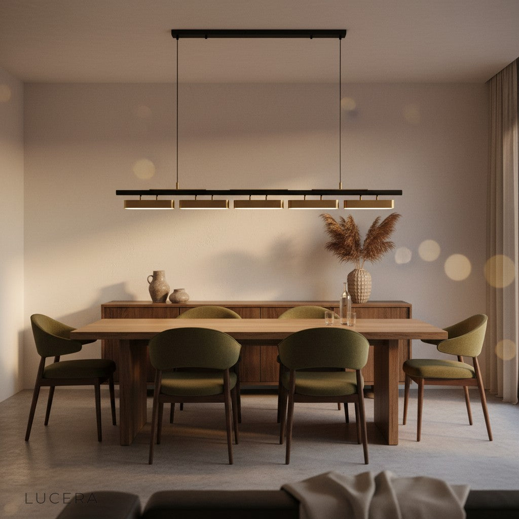 Oskar chandelier glowing softly at dusk above a wooden dining table with ambient shadows