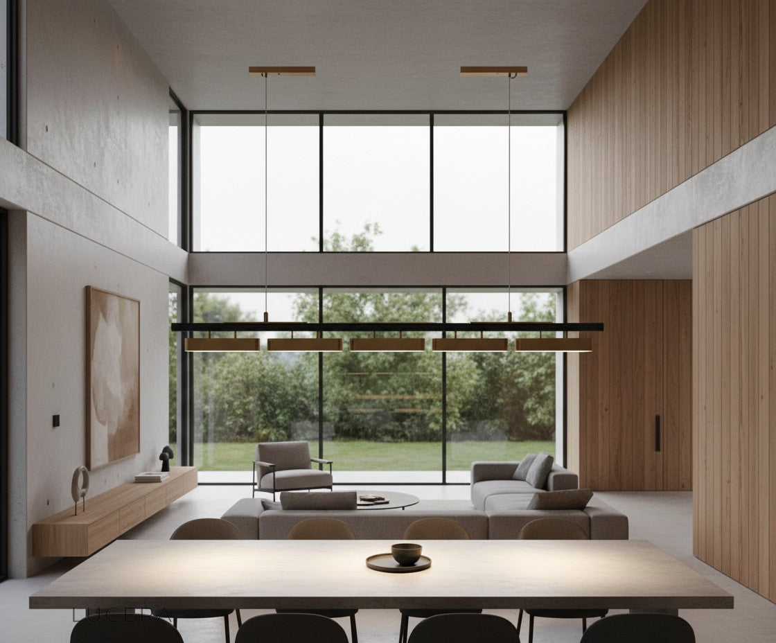 Oskar chandelier hanging above a round table in a compact apartment with minimalist decor