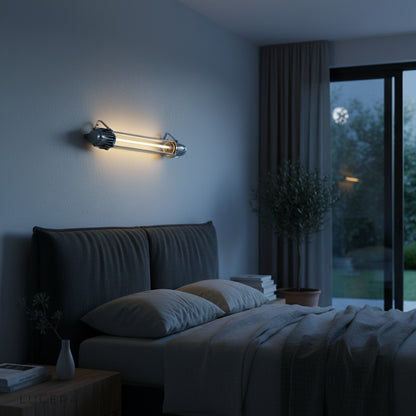 Vigrid Faulensee retro wall lamp above a vintage wooden console table with black and grey tones