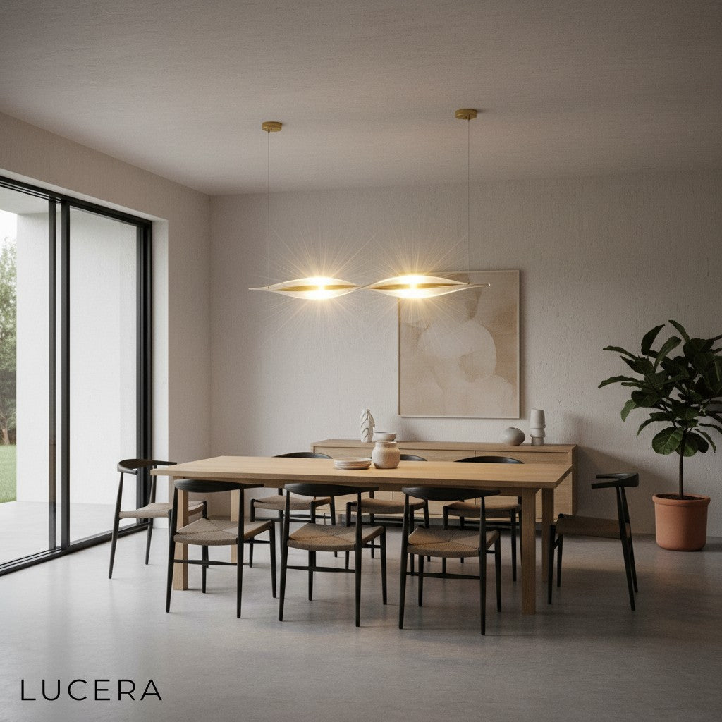 Brage spiral chandelier illuminated at night casting inviting glow over minimalist dining area