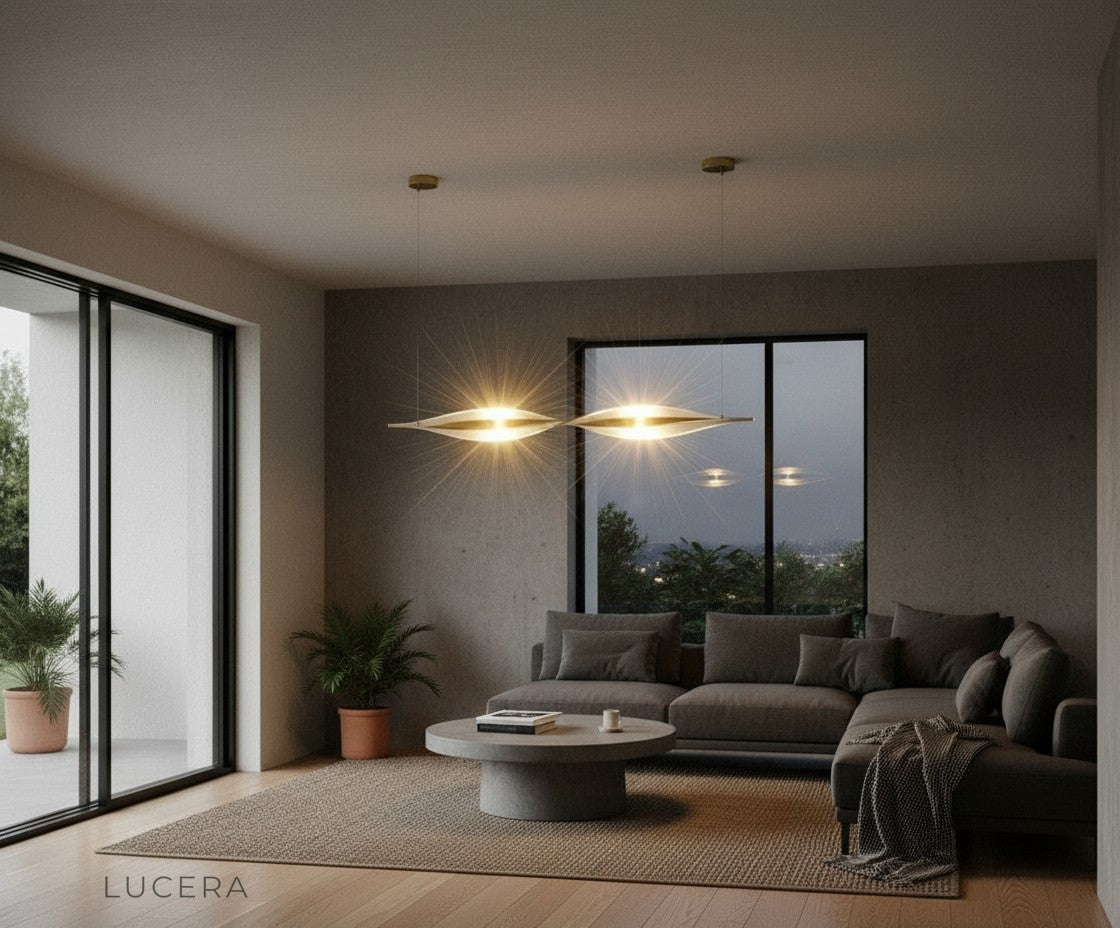 Brage chandelier in elegant hallway with spiral rings and warm light creating shadow patterns