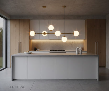 Dag pendant light with mixed clear and smoke glass shades in stylish cafe interior