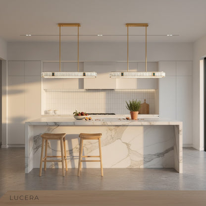 detail shot of Frej pendant’s copper canopy and adjustable clear crystal drop rods against neutral wall
