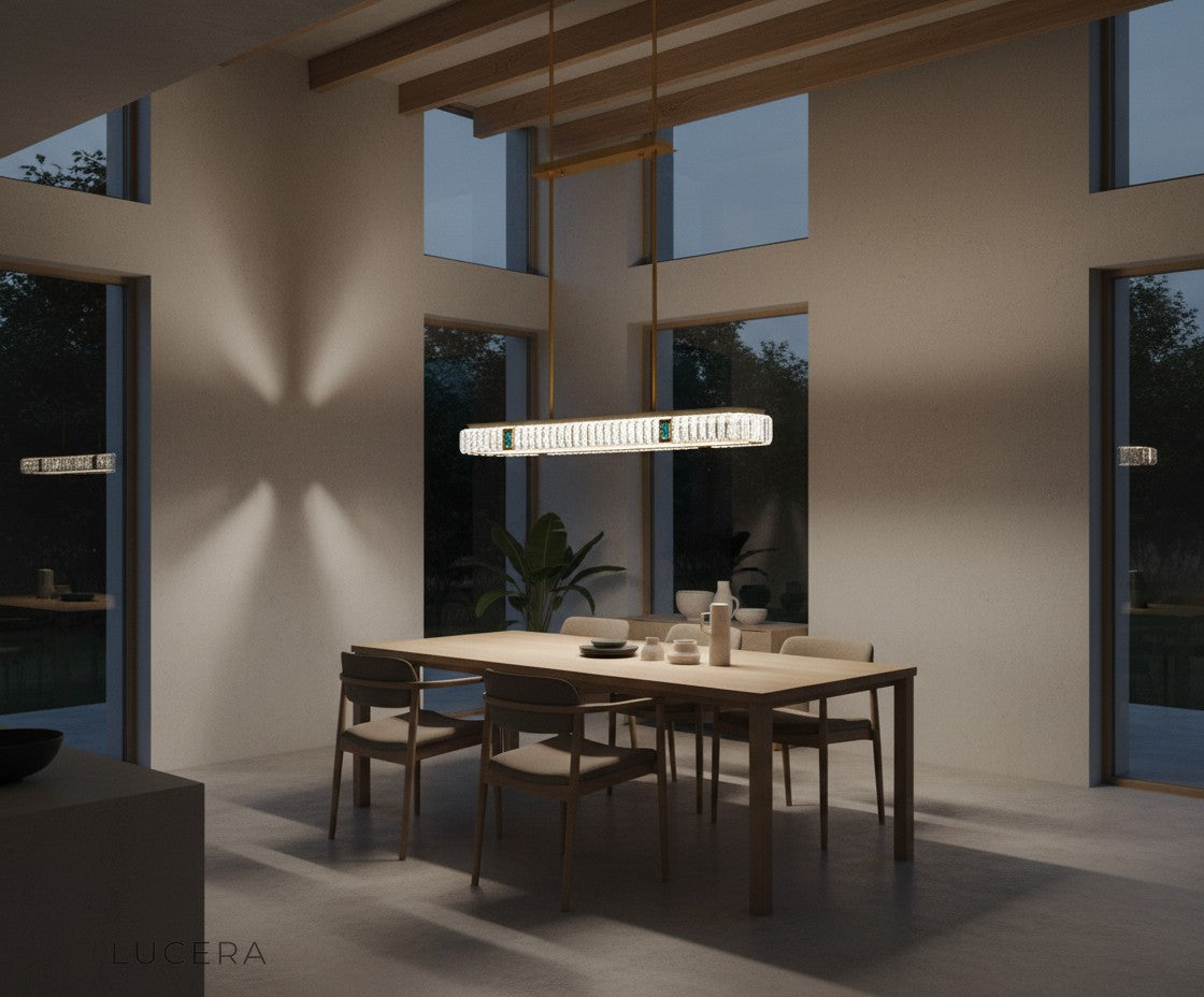 Frej LED pendant chandelier in a cozy dining nook with soft 3000K light and crystal sparkle