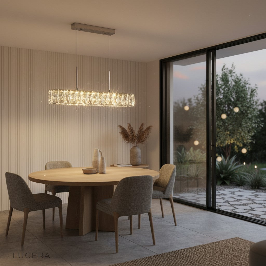 Gerd crystal pendant LED light in ambient nighttime setting casting crystal shadows on wall