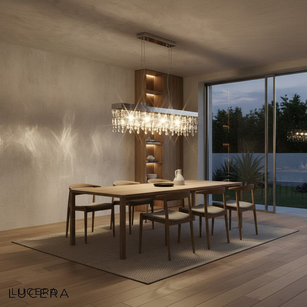 overhead view of Hlin chrome chandelier with crystals sparkling over a wooden table