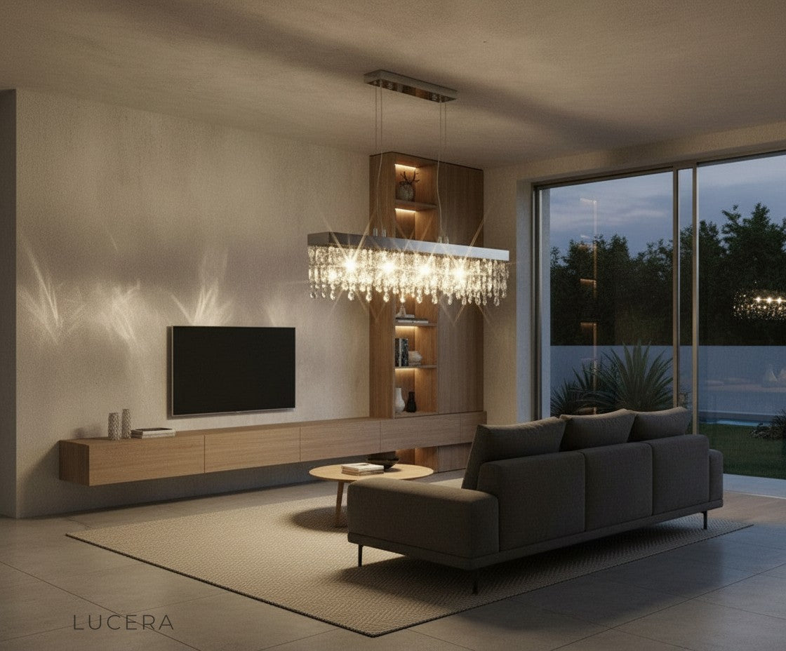 Hlin crystal LED chandelier in a minimalist hallway with soft evening light and shadows