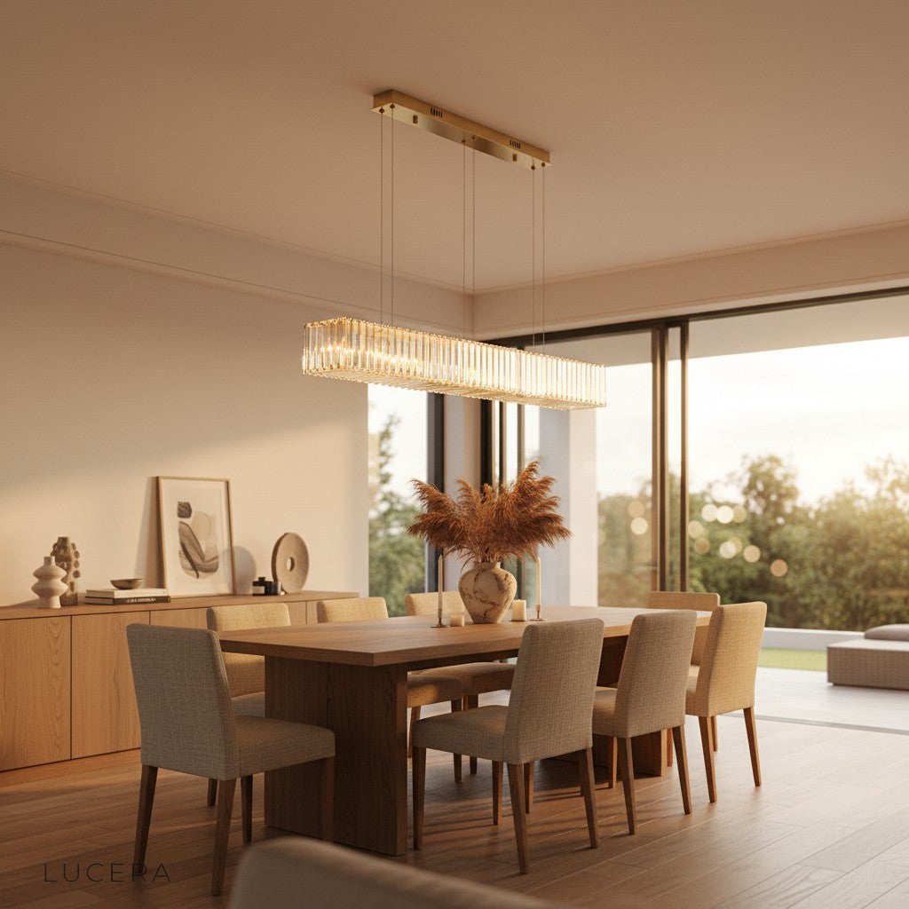 Ivar chandelier in a chic restaurant setting with dimmed lights and elegant crystal reflections