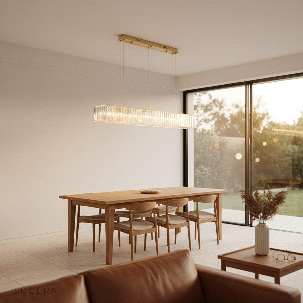 Nighttime lifestyle shot of Ivar LED chandelier casting a warm glow in a cozy living area
