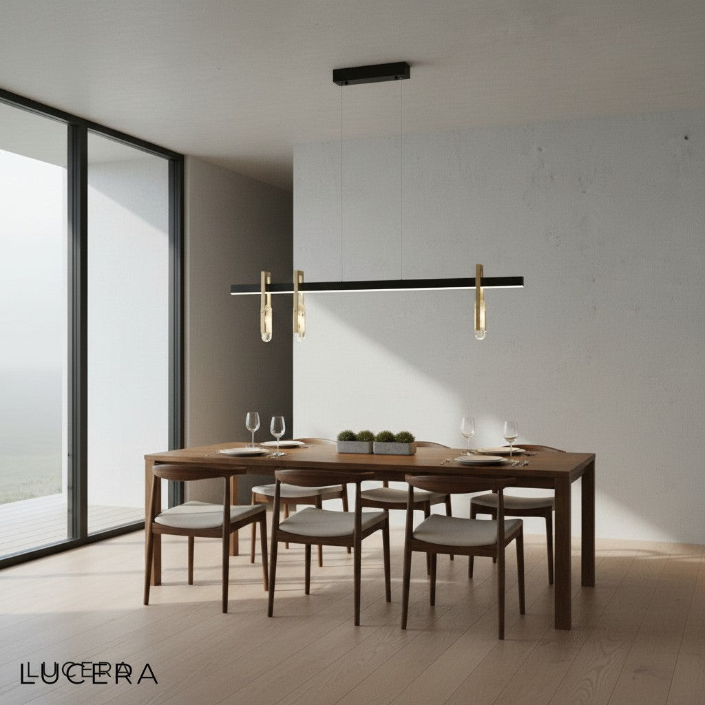 Jord copper crystal pendant lamp suspended over kitchen island in contemporary home interior