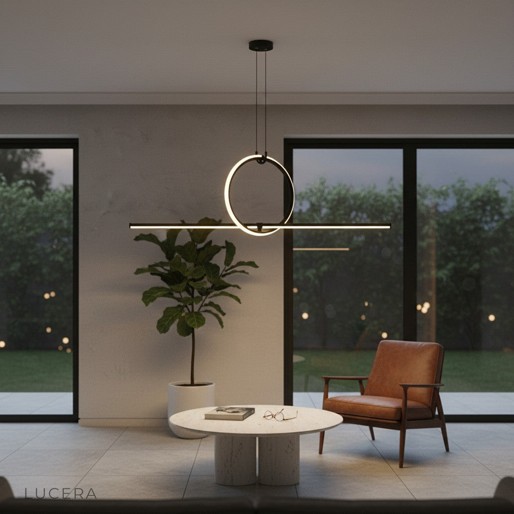 Black metal and iron pendant lamp with geometric silhouette in bright kitchen setting