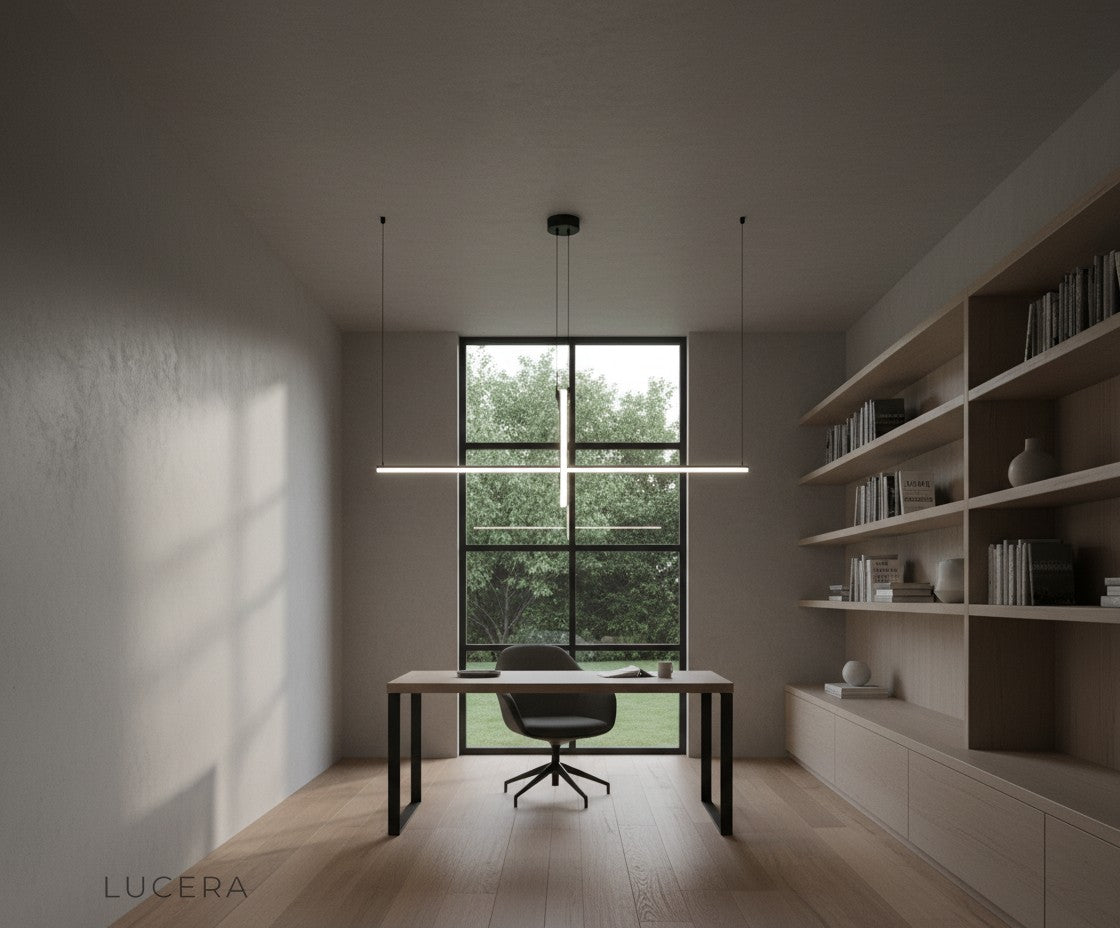 Nighttime lifestyle shot of geometric pendant lamp creating dramatic light play in hallway
