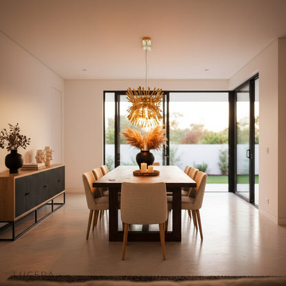 Close-up of Magne chandelier golden finish and integrated LED light strips