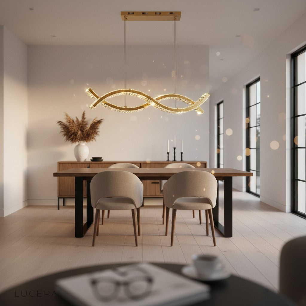 Natt chandelier hanging above marble counter in luxury kitchen