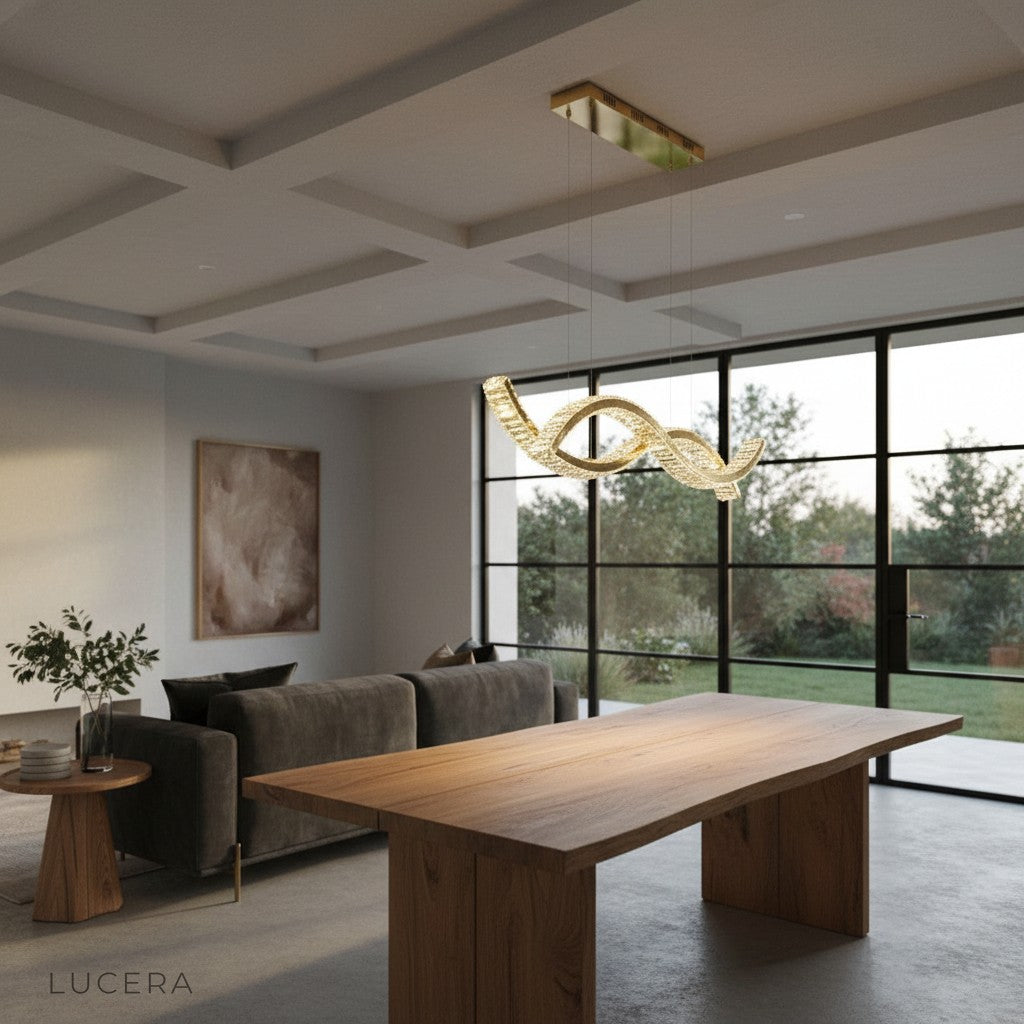 Natt wave chandelier at night with warm ambient glow in hallway