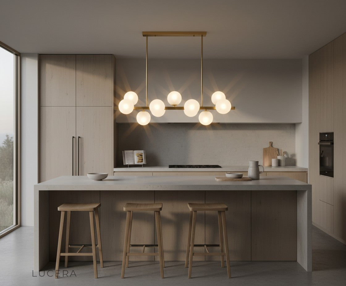 Nord Gold Pearls Chandelier in a cozy breakfast nook with soft morning sunlight