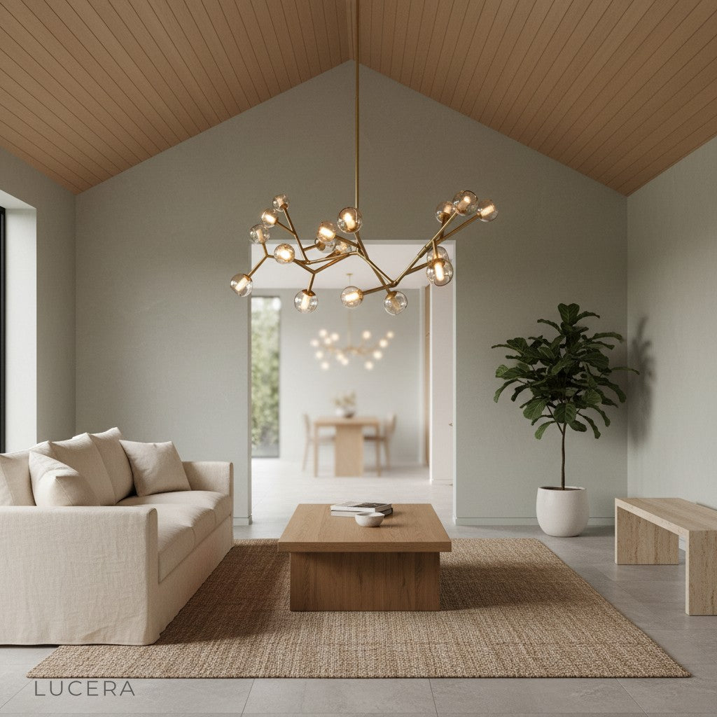 Norn molecular chandelier casting patterned light in a cozy reading corner