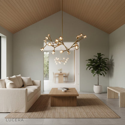 Norn molecular chandelier casting patterned light in a cozy reading corner