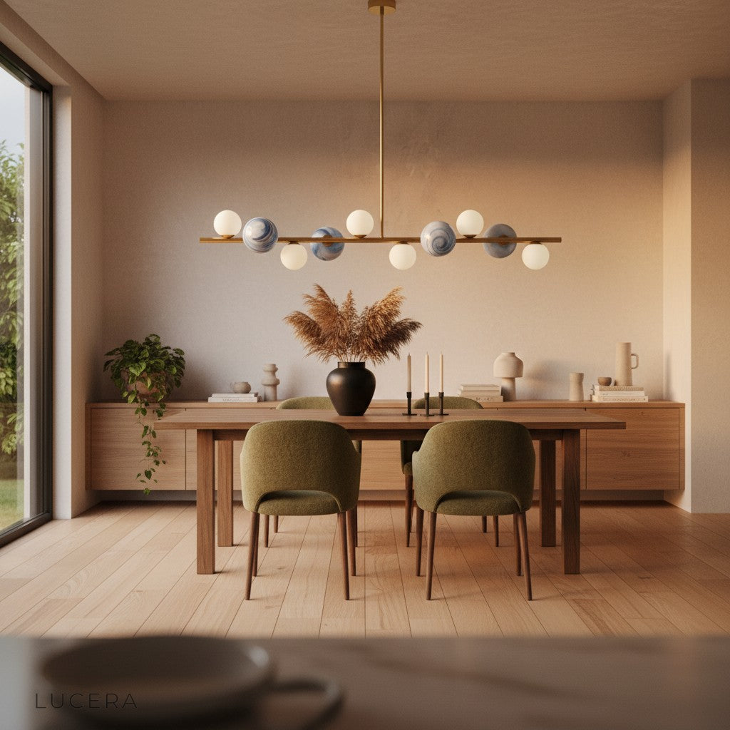 Ran Linear Chandelier suspended over a rustic wooden dining table in a farmhouse room