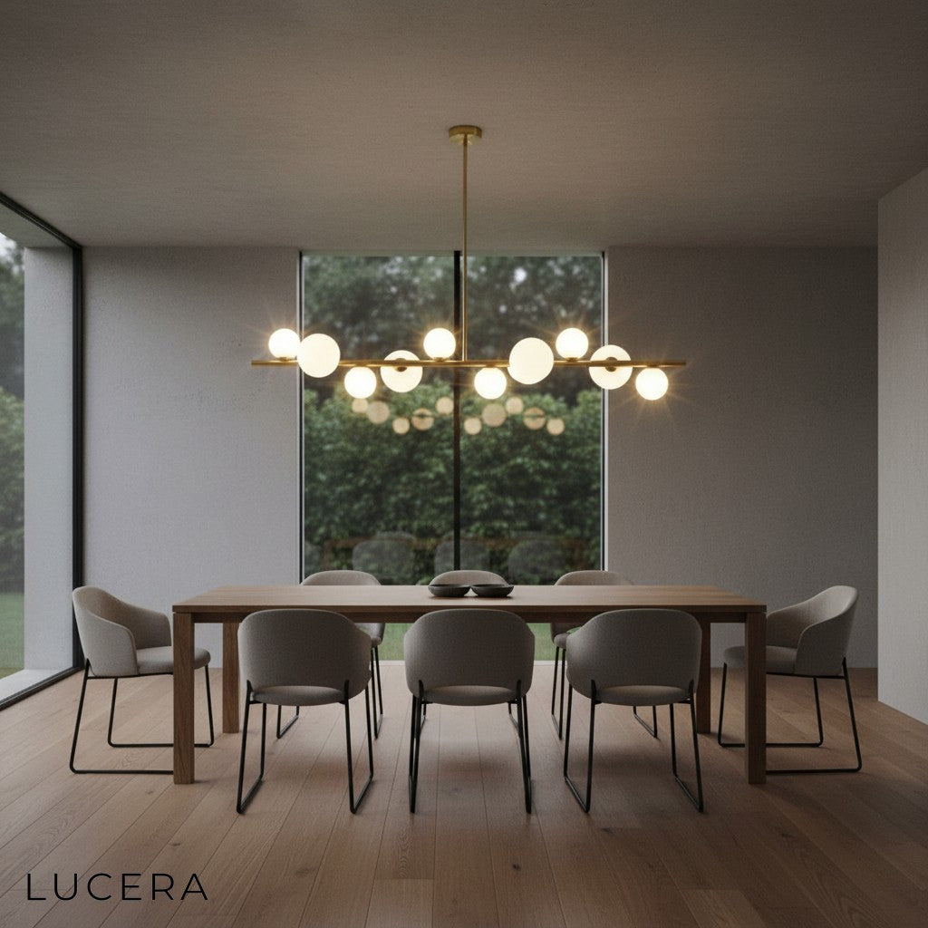 Side angle of Ran Linear Chandelier highlighting slim profile and dual-direction light emission