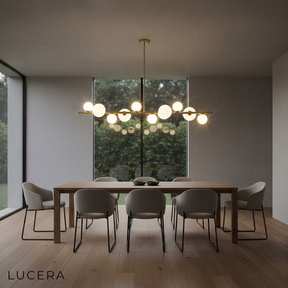 Side angle of Ran Linear Chandelier highlighting slim profile and dual-direction light emission
