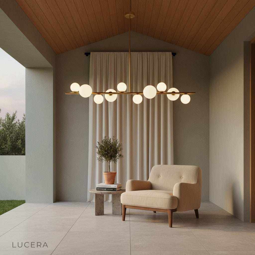 Evening ambiance with Ran Linear Chandelier and soft shadows in a contemporary dining setting