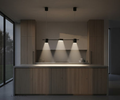 Rind pendant lamp glowing at dusk in modern bedroom with neutral tones