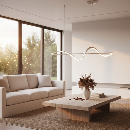 Detail shot of Skuld Wave LED chandelier mounting bracket and slim profile from below