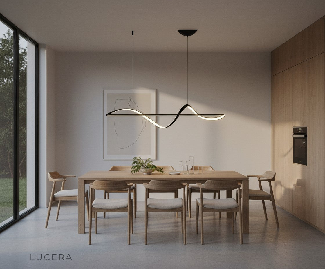 Skuld Wave LED chandelier white finish in bright Scandinavian style dining nook