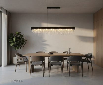 Sol chandelier in a bright living area with cool LED light and crystal reflections