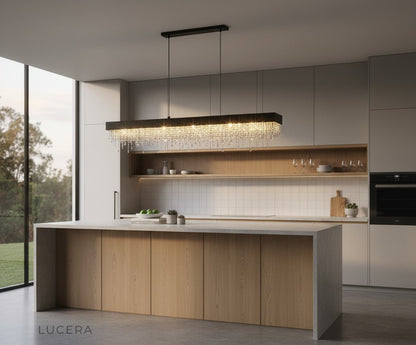 Sol chandelier in a sophisticated interior with black and gold accents at dusk