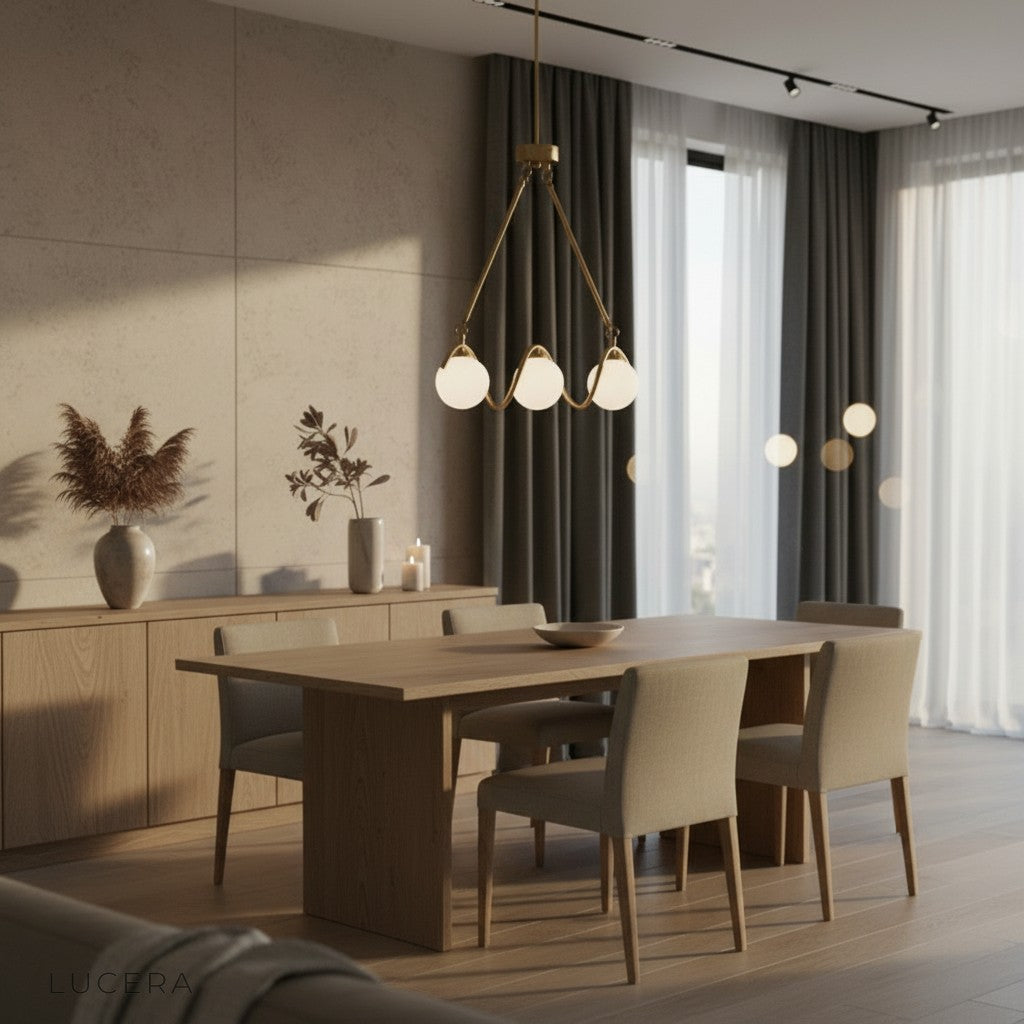 Gold and copper finish detail on Verdandi glass chandelier in bright studio lighting