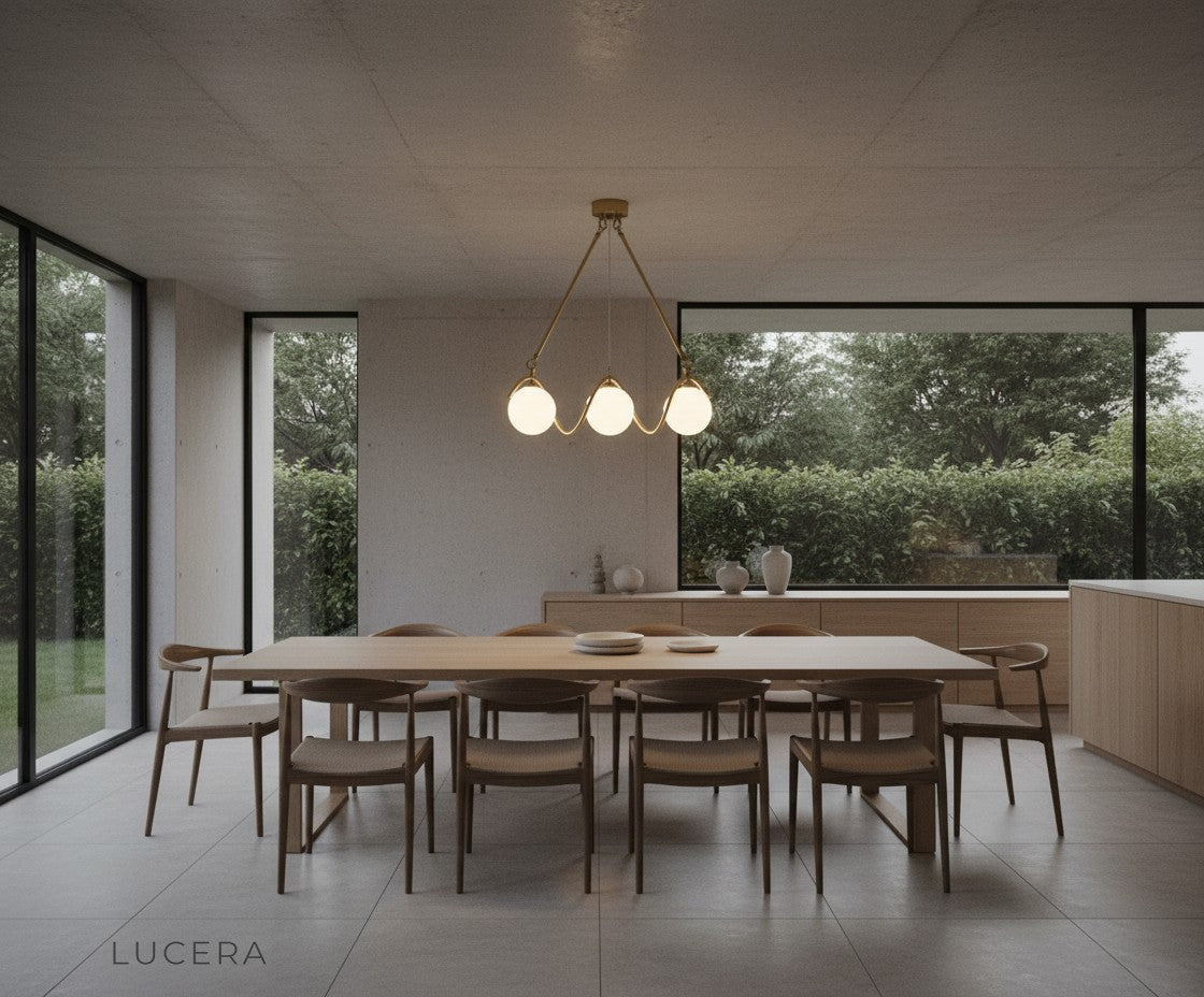 Verdandi copper chandelier with gold glass globes in minimalist interior at dusk
