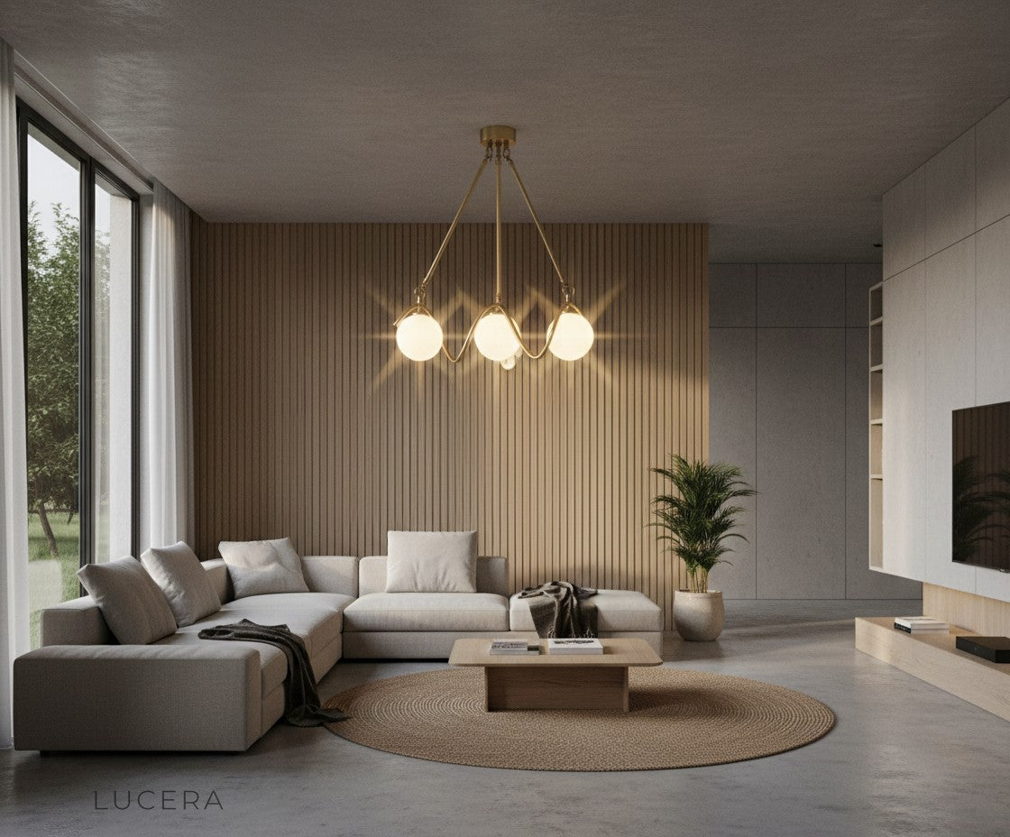 Verdandi chandelier glowing above chic dining area with modern furniture