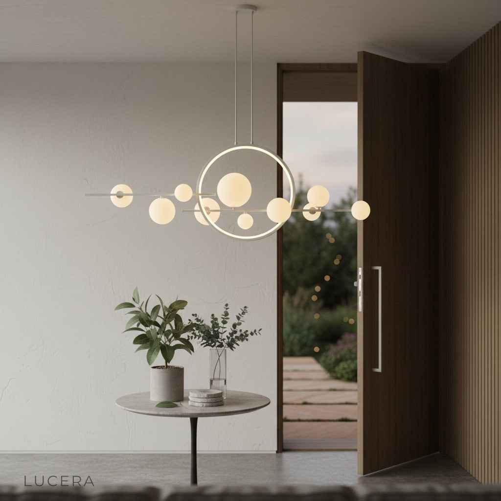 Vor LED chandelier casting warm glow in cozy breakfast nook with natural light