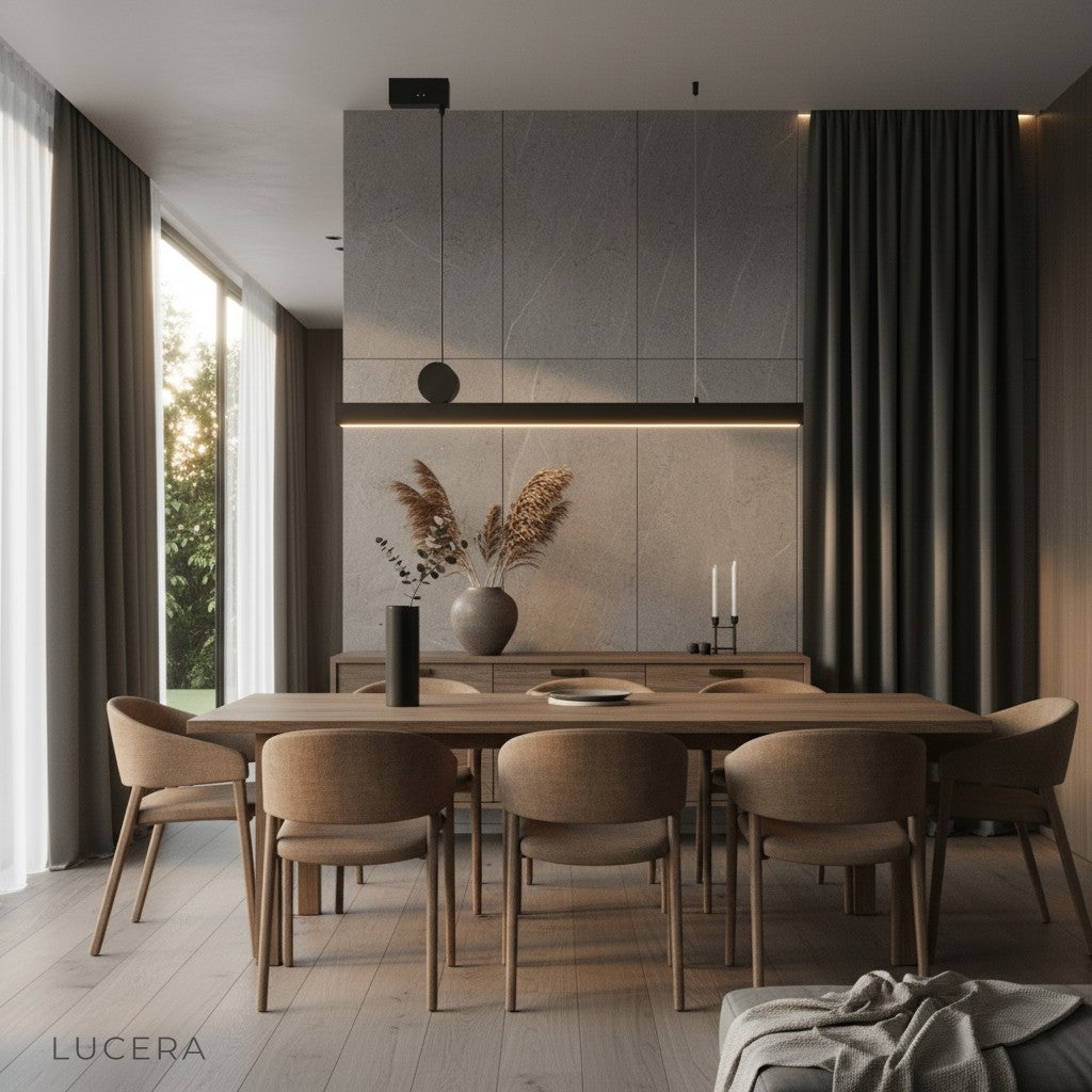 Angelo black chandelier glowing at dusk in a minimalist interior with ambient shadows