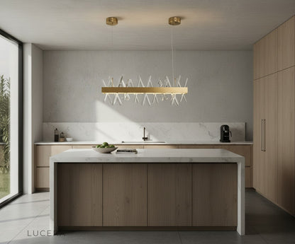 Arte chandelier with cool white light in minimalist studio apartment