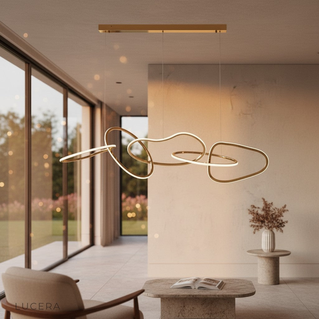 Bello Gold Crystal Chandelier hanging above a cozy living room sofa, daytime